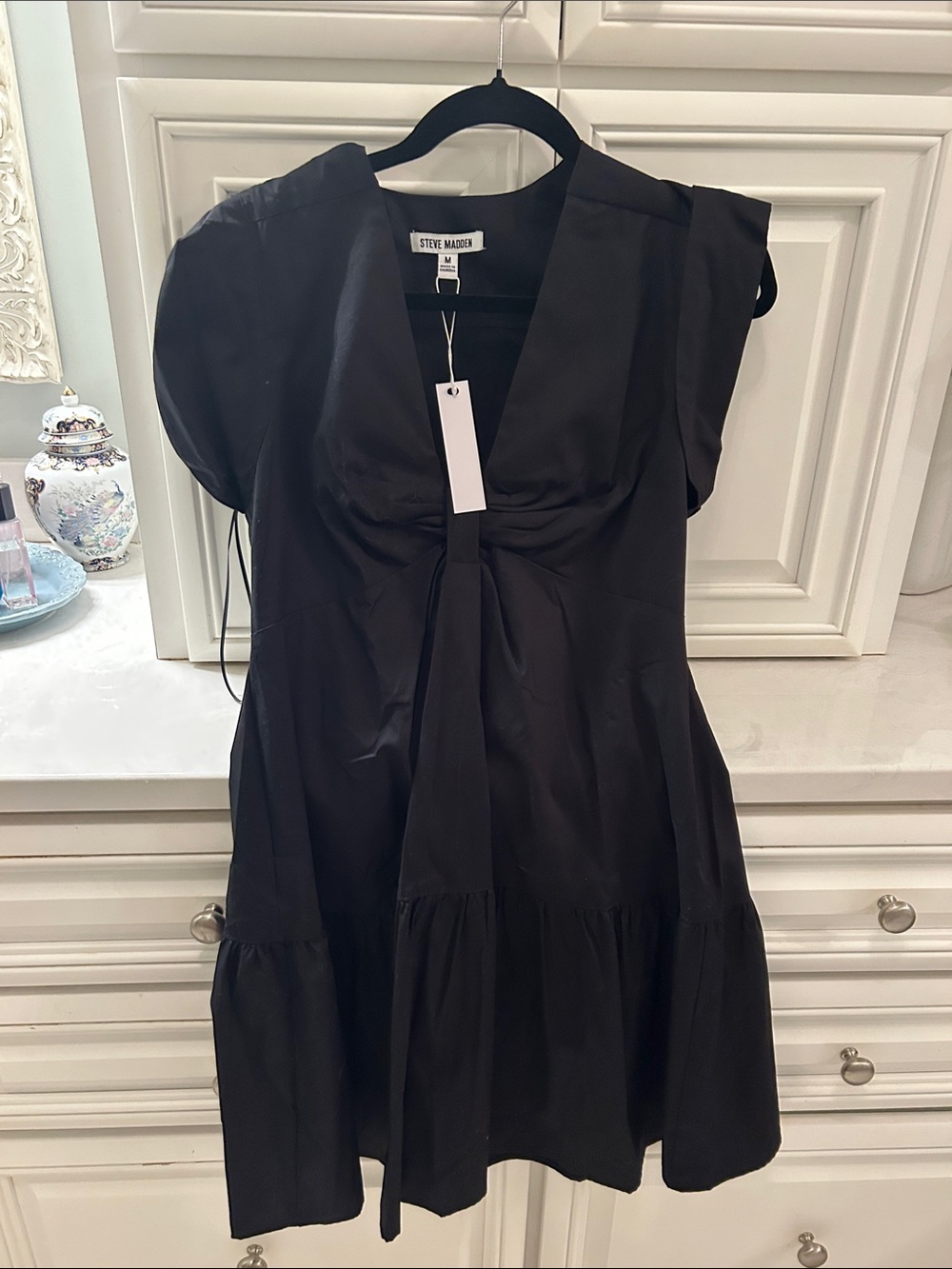 Steve Madden Black Tie-Front Short Sleeve Mini Dress